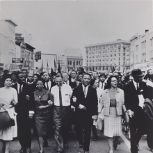 Moneta Sleet Jr.: Rosa Parks, Dr. and Mrs. Abernathy, Dr. Ralph Bunche, and Dr. and Mrs. Martin Luther King, Jr. leading marchers into Montgomery