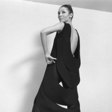 Model wearing Pierre Cardin dress with kinetic back