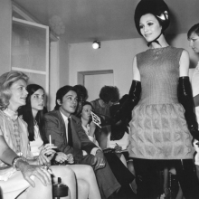 Lauren Bacall, Leslie Bogart, and Alain Delon at Pierre Cardin's Fall 1968 fashion show
