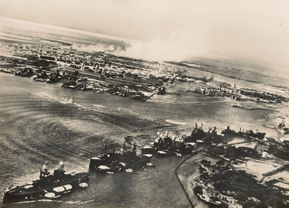 Unknown Japanese photographer: War in Hawaiian Water: Japanese Torpedoes Attack Battleship Row, Pearl Harbor