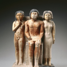 <p><em>Statue of Nykara and His Family</em>. Egypt, provenance not known. Old Kingdom, late Dynasty 5, circa 2455–2350 <small>B.C.E.</small> Limestone, painted, 22<sup>5</sup>⁄<sub>8</sub> x 14<sup>1</sup>⁄<sub>2</sub> x 10<sup>7</sup>⁄<sub>8</sub> in. (57.5 × 36.8 × 27.7 cm). Brooklyn Museum, Charles Edwin Wilbour Fund, 49.215</p>