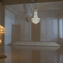 <p>Matthew Buckingham (American, b. 1963). <i>The Spirit and the Letter</i>, 2007. Continuous video projection with sound, electrified chandelier, mirror. Dimensions variable. Courtesy of the artist and Murray Guy, New York</p>