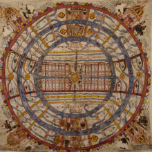 <p><i>Cosmic Diagram</i>, 18th century. Western India (Gujarat or Rajasthan). Opaque watercolors on cotton; sheet, 35<sup>1</sup>⁄<sub>2</sub> x 36 in. (90.2 × 91.4 cm). Brooklyn Museum; Brooklyn Museum Collection, X899.1</p>