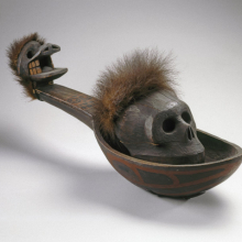 <p>Heiltsuk artist. <i>Ladle with Skull</i>, 19th century. Wáglísla, British Columbia, Canada. Cedar wood, bear fur, cord, pigment, 29 × 8<sup>3</sup>⁄<sub>4</sub> x 9<sup>5</sup>⁄<sub>16</sub> in. (73.7 × 22.2 × 23.6 cm). Brooklyn Museum, Museum Expedition 1905, Museum Collection Fund, 05.588.7297a–b</p>