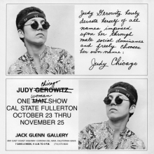 <p>Name-change announcement for <i>Judy Chicago</i> exhibition at California State College, Fullerton, October 23–November 25, 1970.<i> Artforum</i>, vol. 9 (October 1970). Courtesy of the artist</p>