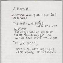 <p>Jean-Michel Basquiat (American, 1960–1988). <em>Untitled Notebook Page</em>, circa 1987. Wax crayon on ruled notebook paper, 9<sup>5</sup>⁄<sub>8</sub> x 7<sup>5</sup>⁄<sub>8</sub> in. (24.5 × 19.4 cm). Collection of Larry Warsh. Copyright © Estate of Jean-Michel Basquiat, all rights reserved. Licensed by Artestar, New York. Photo: Sarah DeSantis, Brooklyn Museum</p>