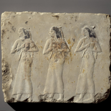 <p><em>Relief of Mourning Women</em>, Late Period, 381–343 <small>B.C.E.</small> Egypt. Limestone, painted, 11<sup>7</sup>⁄<sub>16</sub> x 13<sup>3</sup>⁄<sub>8</sub> x 1<sup>3</sup>⁄<sub>8</sub> in. (29 × 34 × 3.5 cm). Brooklyn Museum; Charles Edwin Wilbour Fund, 1998.98. (Photo: Brooklyn Museum)</p>