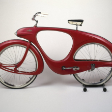 <p><em>“Spacelander” Bicycle</em>, Prototype designed 1946; manufactured 1960. Benjamin G. Bowden (American, born England, 1907–1998). Manufactured by Bomard Industries, Grand Haven, Michigan (active first half of the 20th century). Fiberglass, metal, glass, rubber, 36 × 40 × 18 in. (91.4 × 101.6 × 45.7 cm). Brooklyn Museum; Marie Bernice Bitzer Fund, 2001.36. (Photo: Brooklyn Museum)</p>