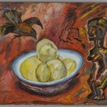 <p><em>Untitled (Fang, Crow, and Fruit)</em>, 1945. Beauford Delaney (American, 1901–1979). Oil on canvas, 25 × 30 in. (63.5 × 76.2 cm). Brooklyn Museum; Brooklyn Museum Fund for African American Art, in honor of Arnold Lehman; A. Augustus Healy Fund, and Ella C. Woodward Memorial Fund, 2014.73. © Estate of Beauford Delaney, by permission of Derek L. Spratley, Esquire, Court Appointed Administrator. (Photo: Sarah DeSantis, Brooklyn Museum)</p>
