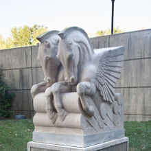<p>Irwin S. Chanin (American, 1891–1988). D<em>ouble Pegasus, one of four, from the Coney Island High Pressure Pumping Station, 2301 Neptune Avenue, Brooklyn</em>, 1936–37. Limestone, on a granite plinth, 48 x 24 x 48 in. (121.9 x 61.0 x 121.9 cm). Brooklyn Museum, Lent by The City of New York, L2003.7.1</p>