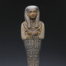 <p><em>Shawabti of the Lady of the House Sati</em>, circa 1390–1352 <small>B.C.E</small>. Faience, Height 9<sup>7</sup>/<sub>8</sub> in. (25 cm). Charles Edwin Wilbour Fund, 37.124E. (Photo: Brooklyn Museum)</p>