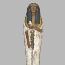 <p><em>Coffin of the Lady of the House, Weretwahset, Reinscribed for Bensuipet Containing Face Mask and Openwork Body Covering</em>, circa 1292–1190 <small>B.C.E</small>. Wood, painted (fragments a, b); Cartonnage, wood (fragment c; cartonnage (fragment d) , 37.47Ea–b Box with Lid in place: 25<sup>3</sup>/<sub>8</sub> x 19<sup>3</sup>/<sub>4</sub> x 76<sup>1</sup>/<sub>8</sub> in. (64.5 x 50 x 193.5 cm). Charles Edwin Wilbour Fund, 37.47Ea–d. (Photo: Sarah DeSantis, Brooklyn Museum)</p>