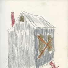 <p>Beverly Buchanan (American, 1940–2015) with poet Alice Lovelace (American, born 1948). <em>Shack Stories (Part I)</em>, 1990. Unpublished handmade book of ink and crayon drawings with watercolor and collaged typewritten text, 11 x 8<sup>1</sup>⁄<sub>2</sub> in. (27.9 x 21.6 cm). Private collection. © Estate of Beverly Buchanan, courtesy of Jane Bridges</p>