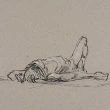 <p>Charlotte Segall (American, born 1983). <em>Untitled (Lying pose)</em>, from <em>Iggy Pop Life Class by Jeremy Deller</em>, 2016. Natural charcoal with white chalk on pink paper, 12<sup>3</sup>/<sub>4</sub> x 19<sup>5</sup>/<sub>8</sub> in. (32.4 x 49.8 cm). Brooklyn Museum Collection, TL2016.8.19b. (Photo: Sarah DeSantis, Brooklyn Museum)</p>