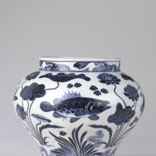 <p><em>Wine Jar with Fish and Aquatic Plants</em>. China, Yuan dynasty, 14th century. Porcelain with underglaze cobalt blue decoration, height: 11<sup>15</sup>/<sub><sup>16</sup></sub> in. (30.3 cm); diameter: 13<sup>3</sup>/<sub>4</sub> in. (34.9 cm). Brooklyn Museum; The William E. Hutchins Collection, Bequest of Augustus S. Hutchins, 52.87.1. (Photo: Jonathan Dorado, Brooklyn Museum)</p>