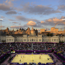 <p>Donald Miralle (American, born 1974). <em>Men's Beach Volleyball match between Brazil and Canada, London Olympics, The Horse Guards Parade ground, London, </em>2012. Archival inkjet print, 40 x 60 in. (101.6 x 152.4 cm). Leucadia Photoworks Gallery, courtesy of the artist</p>