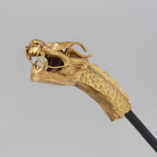 <p><em>Finial in the Shape of a Dragon Head</em>. Korea, Goryeo dynasty, 14th century. Gold, 1<sup>5</sup>/<sub>8</sub> x <sup>1</sup>/<sub>2</sub> x <sup>1</sup>/<sub>4</sub> in. (4.2 x 1.2 x 0.8 cm). Brooklyn Museum, Purchase gift of Mr. and Mrs. A. B. Martin, 84.36. (Photo: Jonathan Dorado, Brooklyn Museum)</p>