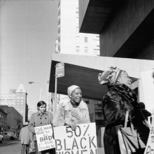 
                           
                           Jan van Raay (American, born 1942). Faith Ringgold (right) and Michele Wallace (middle) at Art Workers Coalition Protest, Whitney Museum, 1971. Digital C-print. Courtesy of Jan van Raay, Portland, OR, 305–37. © Jan van Raay
                           
                           