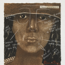 <p>Emma Amos (American, born 1938). <em>Preparing for a Face Lift</em>, 1981. Etching and crayon, 8<sup>1</sup>/<sub>4</sub> × 7<sup>3</sup>/<sub>4</sub> in. (21 × 19.7 cm). Courtesy of Emma Amos. © Emma Amos; courtesy of the artist and RYAN LEE, New York. Licensed by VAGA, New York</p>
