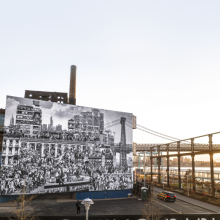 JR: The Chronicles of New York City mural installed at Domino Park, on the East River in Williamsburg, Brooklyn
