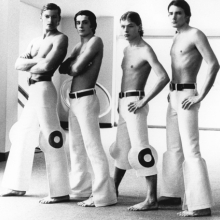 Models wearing Pierre Cardin linen pants