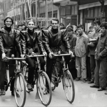 Models on bicycles wearing Pierre Cardin Pagoda jackets in China