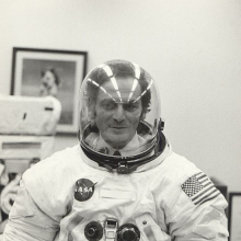 Pierre Cardin wearing Apollo 11 space suit