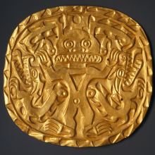 <p>Coclé artist. <em>Plaque with Crocodile Deity</em>, 700–900. Gold, 8<sup>1</sup>/<sub>2</sub> × 9 in. (21.6 × 22.9 cm). Brooklyn Museum; Museum Expedition 1931, Museum Collection Fund, 33.448.12. Creative Commons-BY. (Photo: Brooklyn Museum)</p>