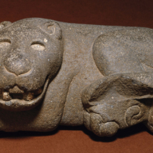 <p>Aztec artist. <em>Reclining Jaguar</em>, 1400–1521. Volcanic stone, 5 × 11 × 5<sup>3</sup>/<sub>4</sub> in. (12.7 × 27.9 × 14.6 cm). Brooklyn Museum; Carll H. de Silver Fund, 38.45. Creative Commons-BY. (Photo: Brooklyn Museum)</p>