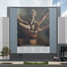 <p>John Edmonds (American, born 1989). Studio Lin, graphic design, New York (founded 2007). <em>A Lesson In Looking With Reverence </em>(installation view), 2019. UOVO: BROOKLYN, New York. Vinyl on façade, 50 × 50 feet. (Photo: Kris Graves/Courtesy UOVO)</p>