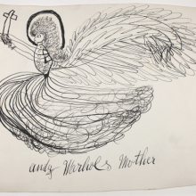 <p>Julia Warhola (American, 1891–1972). <em>Angel Holding Cross</em>, between 1952 and 1970. Ink on Strathmore paper, 7<sup>1</sup>/<sub>4</sub> × 9 in. (18.4 × 22.9 cm). The Andy Warhol Museum, Pittsburgh; Founding Collection, Contribution The Andy Warhol Foundation for the Visual Arts, Inc., 1998.1.1752. © 2021 The Andy Warhol Foundation for the Visual Arts, Inc. / Licensed by Artists Rights Society (ARS), New York</p>