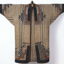 <p>Woman's Robe. Japan, Ainu people, late 19th–early 20th century. Elm bark fiber cloth (<em>attush</em>) with appliqué and embroidery, 49<sup>5</sup>/<sub>8</sub> × 52<sup>3</sup>/<sub>8</sub> in. (126 × 133 cm). Brooklyn Museum; Gift of Herman Stutzer, 12.690. Creative Commons-BY. (Photo: Brooklyn Museum)</p>