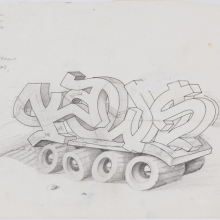 <p>KAWS (American, born 1974). <em>UNTITLED (KAWS)</em>, 1994. Pencil and ink on paper, 8<sup>1</sup>/<sub>4</sub> × 12 in. (20.9 × 30.5 cm). © KAWS. (Photo: Farzad Owrang)</p>