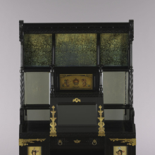 <p>Kimbel and Cabus (New York, 1863–82). Desk and Display Cabinet, circa 1876. Ebonized cherry, gilt, polychrome, silver, mirrored mercury-tin amalgam, clear glass, velvet, brass, 81<sup>1</sup>/<sub>2</sub> × 52 × 20 in.(207 × 132.1 × 50.8 cm). The Baltimore Museum of Art: The Richard C. von Hess Foundation Acquisition Fund; partial gift of Michael and Anis Merson; and purchase with exchange funds from Bequest of Margaret Anna Abell; Bequest of Eleanor M. Anderson; Bequest of Alice Worthington Ball; Decorative Arts Fund; Gift of Elizabeth S. Ellis, from the Estate of Margaret Anna Abell; Gift of William Bose Marye; Bequest of Margaret D. Morriss; Gift of Abram Moses, in Memory of his Wife, Carrie Gutman Moses; Gift of Mrs. John W. Nicol, Jr.; Gift of Merrell L. Stout, Jr., in Memory of his Father, Dr. Merrell L. Stout, BMA 1999.150. (Photo: Mitro Hood)</p>