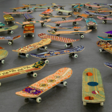 <p>mounir fatmi (Moroccan, born 1970). <em>Maximum Sensation</em>, 2010. Fifty skateboards, plastic, metal, textile, 5 × 8 × 31<sup>11</sup>/<sub>16</sub> in. (12.7 × 20.3 × 80.5 cm). Brooklyn Museum; Purchase gift of Stephanie and Tim Ingrassia and John and Barbara Vogelstein, 2010.67. © Mounir Fatmi. (Photo: Brooklyn Museum)</p>