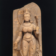 <p>Green Tara. India (Odisha, Cuttack Hills, Udayagiri or Ratnagiri), 8th century. Khondalite, 67 3/8 × 26 × 17 1/2 in., 1109 lb. (171.2 × 66 × 44.5 cm, 503.04 kg). Brooklyn Museum; Carll H. de Silver Fund and Ella C. Woodward Memorial Fund, 60.138. (Photo: Brooklyn Museum)</p>