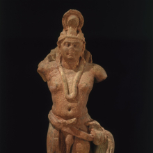 <p><em>Serpent King</em> (<em>Nagaraja</em>). Northern India (Uttar Pradesh, Mathura), Kushana period, 1st–2nd century <small>C.E.</small> Sandstone, 47 × 18 × 10 3/8 in. (119.4 × 45.7 × 26.4 cm). Brooklyn Museum; Frank L. Babbott Fund and A. Augustus Healy Fund, 67.202. (Photo: Brooklyn Museum)</p>