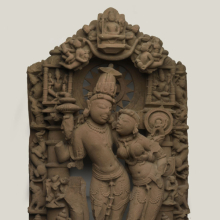 <p>Vishnu and Lakshmi with Vishnu’s Avatars. Northern India (Rajasthan), 10th century. Sandstone, 43 1/2 × 22 1/2 × 7 in. (110.5 × 57.2 × 17.8 cm). Brooklyn Museum; Purchase gift of the Charles Bloom Foundation, Inc., 86.191. (Photo: Brooklyn Museum)</p>