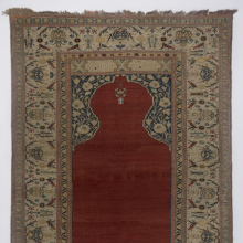 <p>Prayer Carpet, Turkey (Gördes), Ottoman period, 18th century. Wool warp and weft, wool pile, 73 1/2 × 51 in. (186.7 × 129.5 cm). Brooklyn Museum, Gift of the Ernest Erickson Foundation, Inc., 86.227.120. (Photo: Brooklyn Museum)</p>