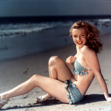 <p>Unknown photographer. <i>Marilyn on the Beach</i>, 1949. Chromogenic color print. Collection of Leon and Michaela Constantiner</p>