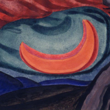 <p>Oscar Bluemner (American, born Prussia, 1867–1938). <i>Loving Moon</i>, 1927. Watercolor, possibly with a surface coating, on cream, medium weight, slightly textured wove paper mounted to thick black woodpulp board. Brooklyn Museum, Bequest of Mrs. Carl L. Selden, 1996.150.9</p>