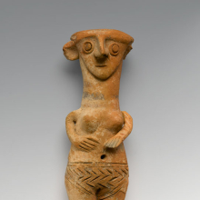 <p><em>Female Figurine</em>. Provenance not known; type known from Cyprus. Late Bronze Age, Late Cypriot II, circa 1450–1200 <small>B.C.E.</small> Terracotta, pigment, 3 × 2 × 2 in. (9.1 × 5.5 × 5.3 cm). Brooklyn Museum, Gift of Mrs. Fred Betts, 22.12</p>