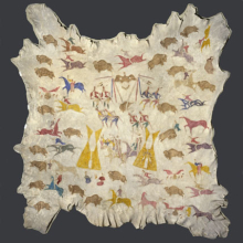 
                           
                           Cadzi Cody (Cotsiogo) (Shoshone, 1866–1912). Painted Robe, circa 1900. Wyoming. Elk hide, pigment, approx. 81 × 78 in. (205.7 × 198.1 cm). Brooklyn Museum, Dick S. Ramsay Fund, 64.13
                           
                           