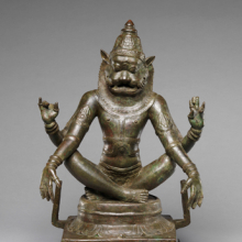 <p><i>Yoga-Narasimha</i>. Southern India (Tamil Nadu, Thanjavur region), Chola Period, 12th century. Bronze, 18<sup>3</sup>⁄<sub>4</sub> x 13 × 9<sup>1</sup>⁄<sub>2</sub> in. (47.6 × 33 × 24.1 cm). The Metropolitan Museum of Art, Samuel Eilenberg Collection, Bequest of Samuel Eilenberg, 2002.284.4. © The Metropolitan Museum of Art / Art Resource, NY</p>