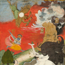 
                           
                           Vishnu Saving the Elephant (Gajendra Moksha). India, mid-18th century. Opaque watercolor and gold on paper, 81⁄16 x 59⁄16 in. (20.5 × 14.1 cm). Collection of Kenneth and Joyce Robbins
                           
                           