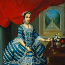 <p>José Joaquín Bermejo (Peruvian, active circa 1760–92). <i>Doña Mariana Belsunse y Salasar</i>, circa 1780. Oil on canvas, 78<sup>1</sup>⁄<sub>8</sub> x 50<sup>1</sup>⁄<sub>16</sub> in. (198.4 × 127.2 cm). Brooklyn Museum, Gift of Mrs. L. H. Shearman, 1992.212</p>