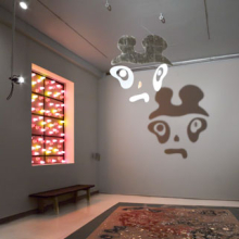 <p>Michael Ballou (American, b. 1952). Installation view of <i>Go-Go</i>, 2013. Acrylic board, monofilament, wire, plywood, plastic cups, rug, dimensions variable. Soundtrack: Kurt Hoffman and David Scher. (Photo: Brooklyn Museum)</p>