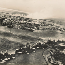 <p>Unknown Japanese photographer. <em>War in Hawaiian Water: Japanese Torpedoes Attack Battleship Row, Pearl Harbor</em>, 1941. Gelatin silver print, 5<sup>11</sup>⁄<sub>16</sub> x 7<sup>13</sup>⁄<sub>16</sub> in. (14.5 × 19.8 cm). The Museum of Fine Arts, Houston, gift of Will Michels</p>