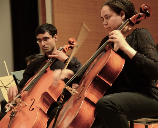 Two Brooklyn Symphony Orchestra cellists playing