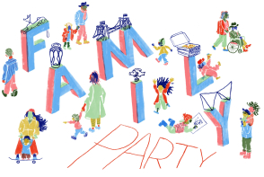Graphical artwork showing small groups of parents and children among the words Family Party